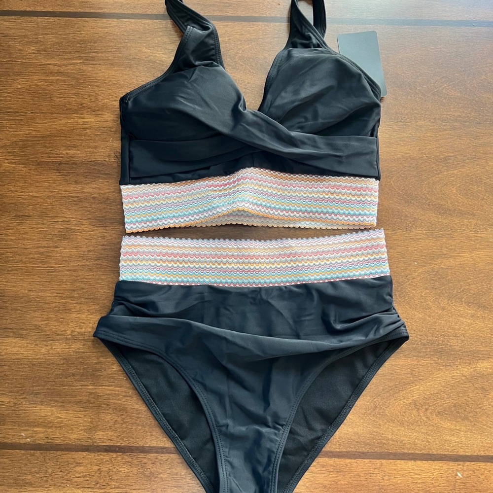 New Black High Waisted Bikini Set Rainbow Stripe Trim